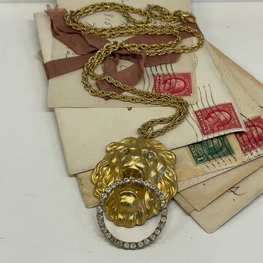 1990’s Gold Lion Rhinestone Door Knocker Necklace Bloomers and Frocks